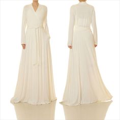 Long Sleeve Lounge Dress Kimono White Wrap Dress White Full-length Maxi Dress For Formal Occasions, Fitted Off White Floor-length Maxi Dress, Off White V-neck Maxi Dress For Wedding, Elegant Long Off White Dresses, Elegant Long Off-white Dress, Elegant Long Sleeve Off White Maxi Dress, Off White Maxi Length Wedding Gown, Elegant Off White Long Sleeve Maxi Dress, Beige Long Sleeve Dress For Wedding Night