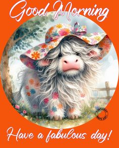 a card with an image of a sheep wearing a hat and flowers on it's head