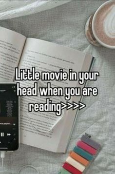 an open book, headphones and cup of coffee on a bed with the words little movie in your head when you are reading