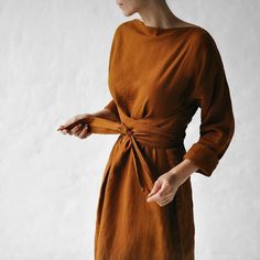 Lasaky - Cotton and Linen Long Sleeve Dress with Tie Waist Brown Wrap Dress, Tie Neck Dress, Loose Maxi Dress, Satin Sash, Elegant Maxi Dress, Necklines For Dresses, Dress With Tie, Maxi Gowns, Long Sleeve Maxi