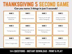 the thanksgiving 5 second game is shown in this printable activity sheet for kids to play