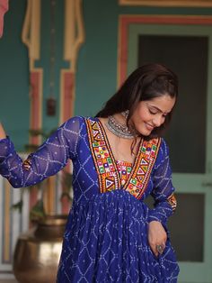 Blue Faux Georgette Anarkali Dress with Bandhani Printed,Kutchi Patch Work Processing Time : 7 Business Days Work : Bandhani Printed,Kutchi Patch Work Fabric:Top : Faux Georgette Bottom : NA Dupatta : NA  Color:Top : Blue Bottom : NA  Dupatta : NA Salwar Kameez Mens, Patiyala Dress, Exclusive Gowns, Bandhani Print, Georgette Gown, Lehenga Suit, Anarkali Gown, Designer Kurti, Girlie Style