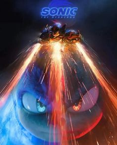 the movie poster for sonic is shown with fireworks coming out of its mouth and eyes