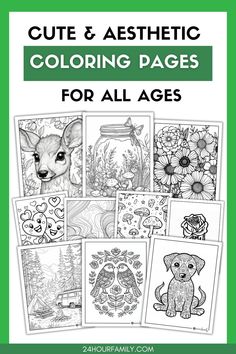 coloring pages for adults and children with the title cute & aesthetic coloring pages for all ages