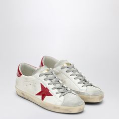 Sneakers by Golden Goose Deluxe Brand in white leather with red patent leather detailing, featuring side star patch, contrasting heel insert, lace-up fastening, rubber sole and vintage effect workmanship.100% Leather and textile materials / Rubber sole Red Sneakers Women, Shoe Inspo, Golden Goose Deluxe Brand, Girly Shoes, Red Sneakers, Super Star, Crossbody Tote, Golden Goose, Boot Sandals