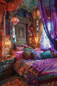 a bed covered in lots of colorful pillows and blankets next to a window with curtains