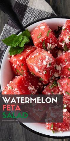 watermelon feta salad in a white bowl