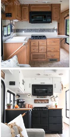 the kitchen and living room in an rv