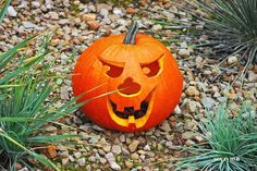 a pumpkin carved to look like a jack - o'- lantern sitting on the ground