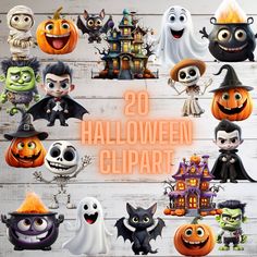 the 20 halloween clipart is displayed on a white wooden background with pumpkins and ghostes