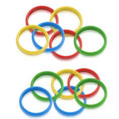 six different colored rubber rings on a white background