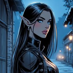 an animated image of a woman with long hair and horns on her head, standing in front of a street at night