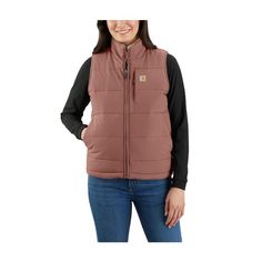 Zip into this Carhartt� Montana Relaxed Fit Insulated Utility Vest for Ladies for an extra layer when the temperature drops. Built out of 4.5-ounce, 100% silicone-coated nylon, it blocks wind and sheds light rain. Lightweight 100% polyester insulation and a sherpa-fleece lining keep your core warm. It's reversible, so you can wear the sherpa side on the outside when you want to mix it up. Rain Defender� durable water-repellent (DWR) technology forces light rain and water to bead up and roll right off. Wind Fighter� technology tames the wind to help retain warmth. This women's vest from Carhartt also features a drop-tail hem for added coverage, zip chest pocket, zip hand pockets, inner zip chest pocket, and inner lower-front pockets. Imported.  Manufacturer style #: 105607. 4.5-ounce, 100% Carhartt Vest, Carhartt Style, Utility Vest, Carhartt Womens, Womens Puffer Vest, Winter Gear, Light Rain, Outerwear Vest, Sherpa Lined