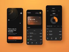 three smartphones displaying different app designs on an orange background