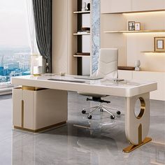 a white desk with gold accents in front of a large window and cityscape