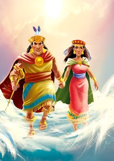 two people dressed in native american clothing walking through the water with their arms around each other