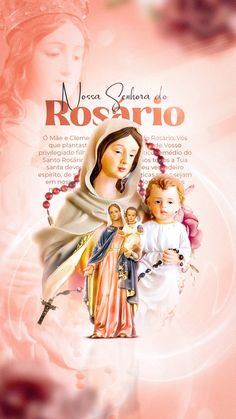 an image of the virgin mary and child jesus on pink background with words in spanish