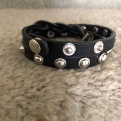 Nwot Black Leather Wrap Bracelet With Silver Colored Studs And Rhinestones. 23” Long. Size Is Adjustable Edgy Metal Jewelry With Black Band, Trendy Black Studded Jewelry, Trendy Black Stud Jewelry, Black Studded Jewelry For Party, Edgy Silver Jewelry With Black Band, Metal Bracelet With Black Band, Black Trendy Bracelets With Studs, Trendy Black Bracelets With Studs, Black Studded Bracelets For Party