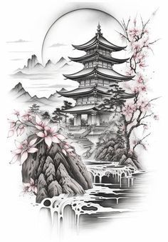 Chinese Temple Tattoo Design, Plum Blossom Tattoo Black And White, Popular Tattoos For Women, Temple Tattoo Design, Pagoda Tattoo, Japanese Warrior Tattoo, Japanese Hand Tattoos, Blossom Tree Tattoo