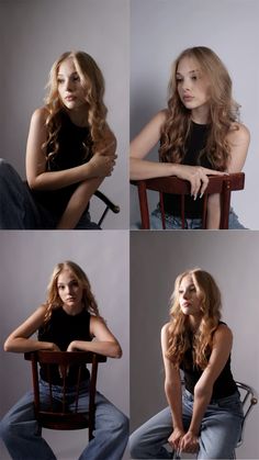 four photos of a woman sitting in a chair with her arms crossed and looking at the camera