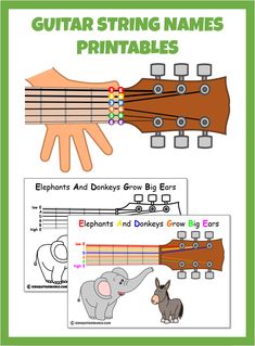 the guitar string names printable worksheet is shown with an elephant and donkey