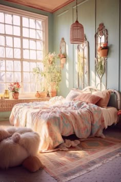 a bed sitting in a bedroom next to a window with potted plants on it