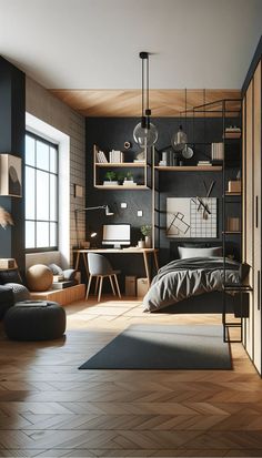 a bedroom with black walls and wooden floors, an open shelving unit on the wall