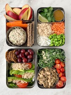 four containers filled with different types of food