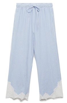 Airy embroidered-mesh insets add a pretty touch to these drawstring pants cut from lightweight cotton patterned with pencil stripes. Drawstring waist Side-seam pockets 100% cotton Machine wash, line dry Imported Striped Pants Women, Mango Trousers, Knee High Boots Flat, Striped Trousers, Striped Sweatpants, Cotton Trousers, Cotton Poplin Shirt, Favorite Daughter, Denim Midi Skirt