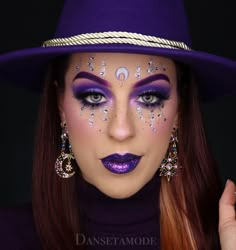 Witch Makeup With Jewels, Purple Witchy Eye Makeup, Wizard Halloween Makeup, Witch Makeup Ideas Purple, Black And Purple Halloween Makeup, Women Witch Makeup, Purple Witch Eye Makeup, Celestial Witch Makeup Halloween, Purple Witch Eyeshadow