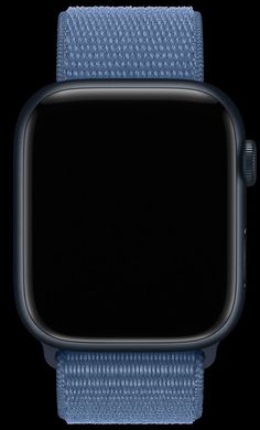 an apple watch with a blue band and black screen on the bottom half of it