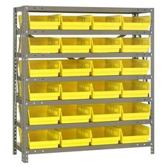 yellow plastic bins are stacked on the metal shelving unit for storage and organization