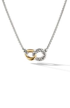 A link-by-link–handcrafted curb chain frames the interlocking, organically shaped rings pendant on this sterling silver necklace accented with 18-karat gold. 16" length; 1" extender; 3/4"W pendant Lobster clasp closure Sterling silver/18k gold Imported Yurman Necklace, David Yurman Necklace, Gift Inspo, Curb Chain, David Yurman, Link Necklace, Sterling Silver Necklace, Christmas List, Sterling Silver Necklaces