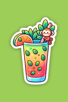 a sticker with a monkey sitting on top of a glass filled with orange juice