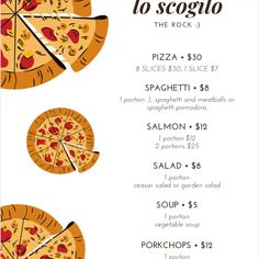 a pizza menu with different toppings and prices for each slice, including two slices of pizza