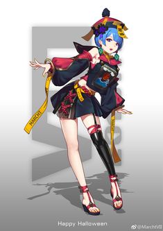 an anime character with blue hair and black boots, holding a yellow ribbon in her hand