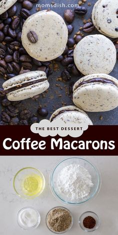 coffee macarons and other ingredients on a table with text overlay that reads the best desert