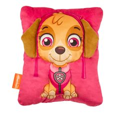 a pink pillow with a cartoon dog on it's side and a tag around the neck