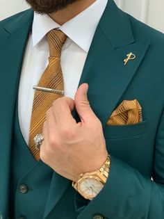 Blue Green Suit Men, Green Suit Gold Tie, Colored Wedding Suits Men, Green Suit Aesthetic Men, خواتم خطوبة, Vest And Pants, Shoe Care Kit, Pants Gift