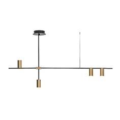 three lights are hanging from the ceiling in this modern lighting fixture, which is black and gold