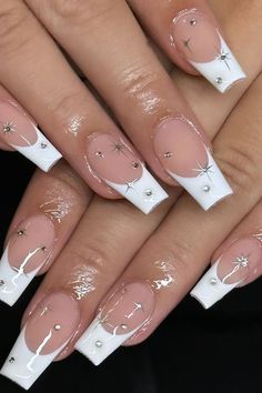 Easy Nail Designs Square Nails, Celestial Nails Square, Graduation Nails Acrylic Short, Prom Nails Square, Star Nails Square, Square Silver Nails, French Tip With Stars, Tapered Square Nails Design, Square White Nails