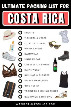 the ultimate packing list for costa rica in black and white with text overlaying it