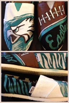 two pictures of shoes with eagles painted on them, one has a bat and the other has a football