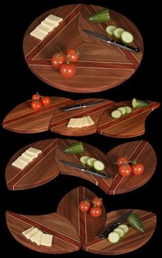 four wooden trays with slices of cheese, tomatoes and cucumbers on them