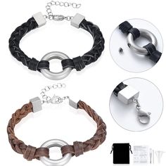 three different types of bracelets with metal rings and chains on each side, one is brown