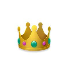 a gold crown with green and pink balls on it's sides, sitting in front of a white background