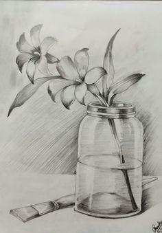 a pencil drawing of flowers in a glass jar with a knife on the table next to it