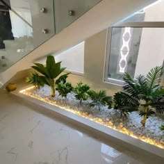 some plants and rocks under a window in a room next to a stair casement