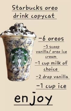 Starbucks Recipes Non Coffee, Good Coffee Orders From Starbucks, Oreo Starbucks Drink Order, Oreo Drinks At Starbucks, Custom Drinks Starbucks, Oreo Frappe Recipe Starbucks, Starbucks Recipes Easy, Starbucks Recipes Oreo