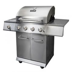 an outdoor grill with three burners and two doors on the side, isolated against a white background